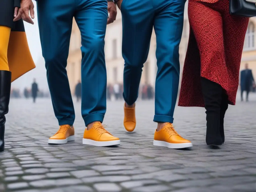 Moda urbana: Seniors seguros lucen zapatos Velcro coloridos Un grupo de seniors seguros de sí mismos, con ropa moderna y zapatos con Velcro en colores y diseños vibrantes, paseando por una ciudad de moda