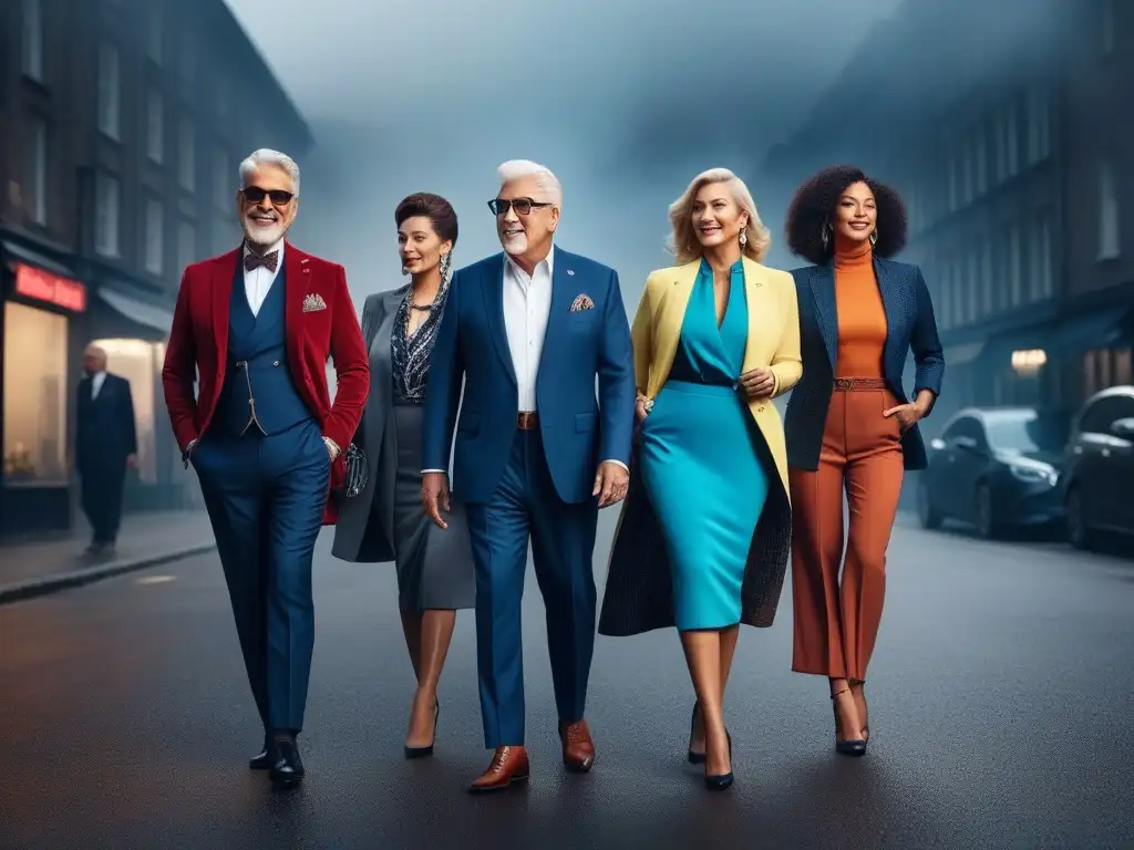 Moda urbana para seniors: Estilo y confianza en todas las tallas Un grupo variado de adultos mayores posa con confianza en atuendos modernos, ideales para cada día de la semana