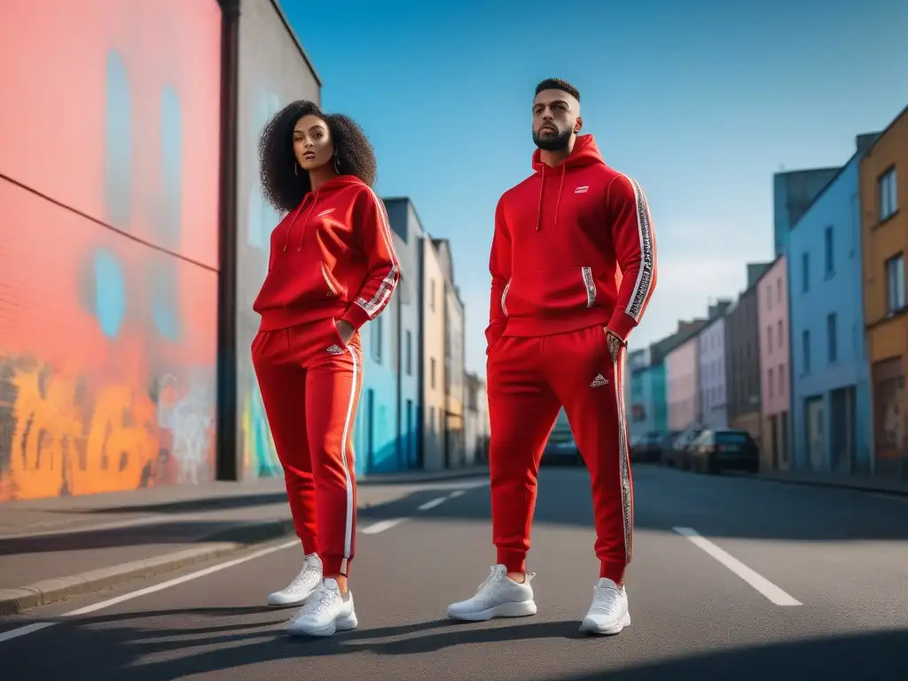Moda urbana inclusiva: diversidad y estilo en tracksuits trendy Un grupo variado de personas camina con confianza por la ciudad, luciendo trendy tracksuits en colores y patrones llamativos