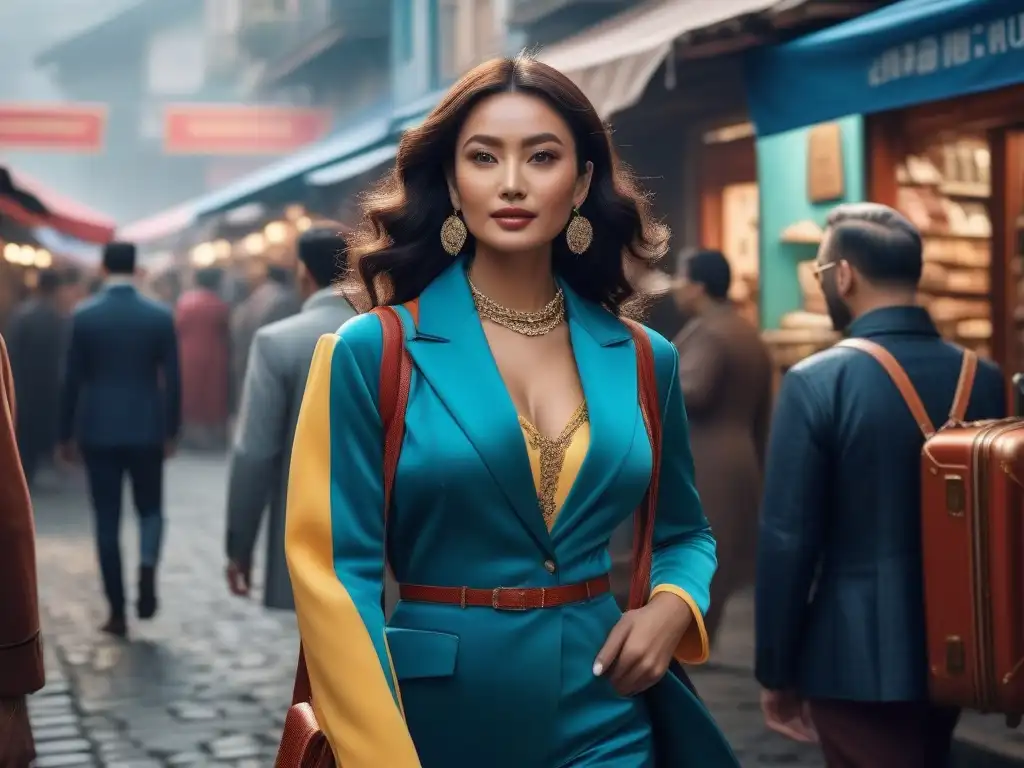 Exploradores felices en mercado extranjero con ropa inclusiva y elegante Un grupo de viajeros diversos explorando un mercado extranjero, luciendo ropa de calidad que les queda perfecta