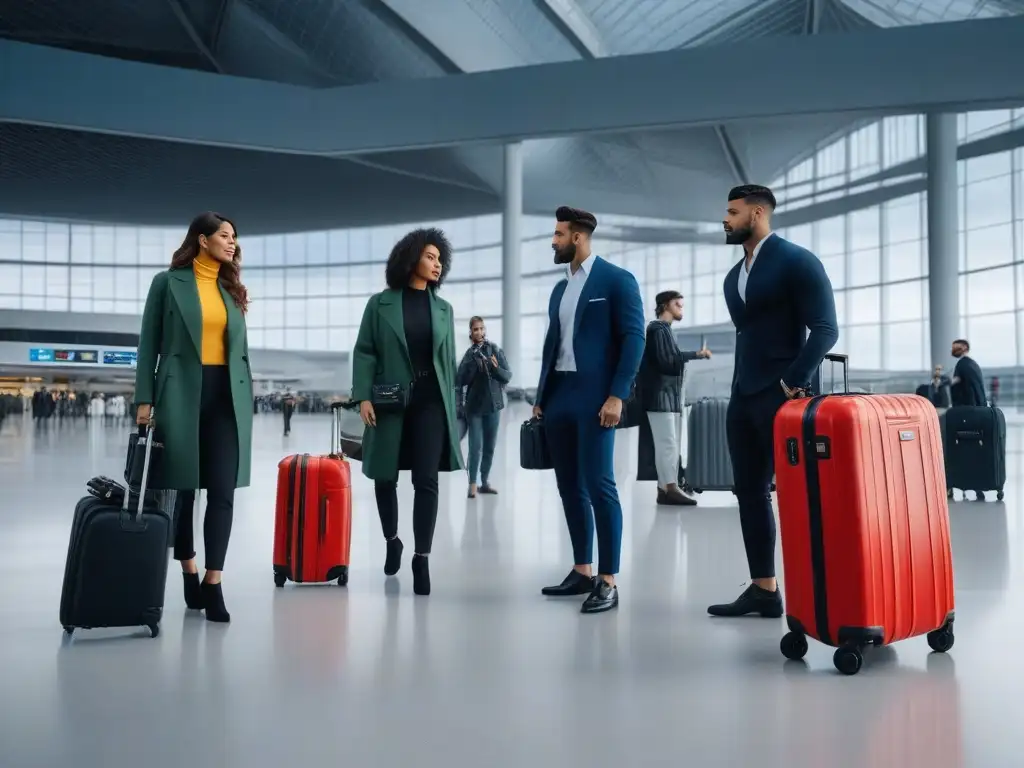 Viajeros diversos con estilo y equipaje moderno en aeropuerto Un grupo de viajeros diversos con ropa de calidad y estilo esperan en la terminal del aeropuerto