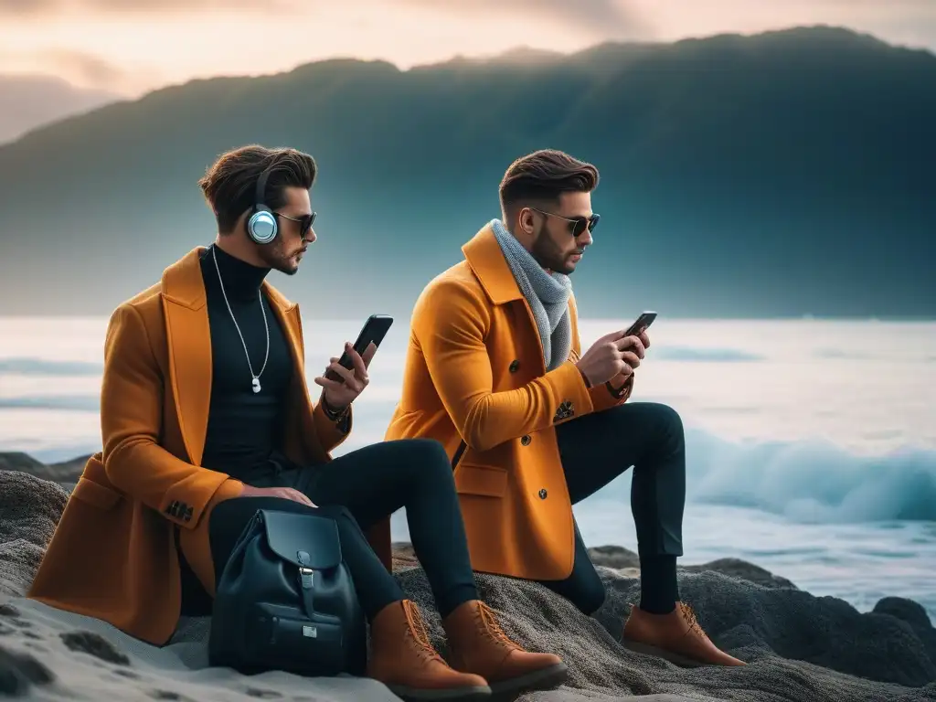 Viajeros modernos disfrutan la playa al atardecer con gadgets trendy Grupo de viajeros elegantes en la playa con accesorios moda viajero funcionalidad al atardecer
