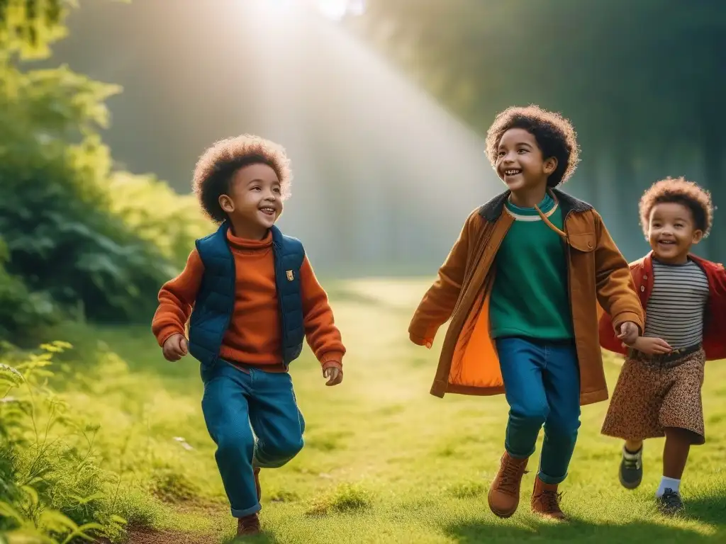 Niños felices y diversos disfrutan juntos en parque verde Un grupo vibrante y diverso de niños felices, jugando juntos en un parque verde, luciendo moda sostenible y diversidad