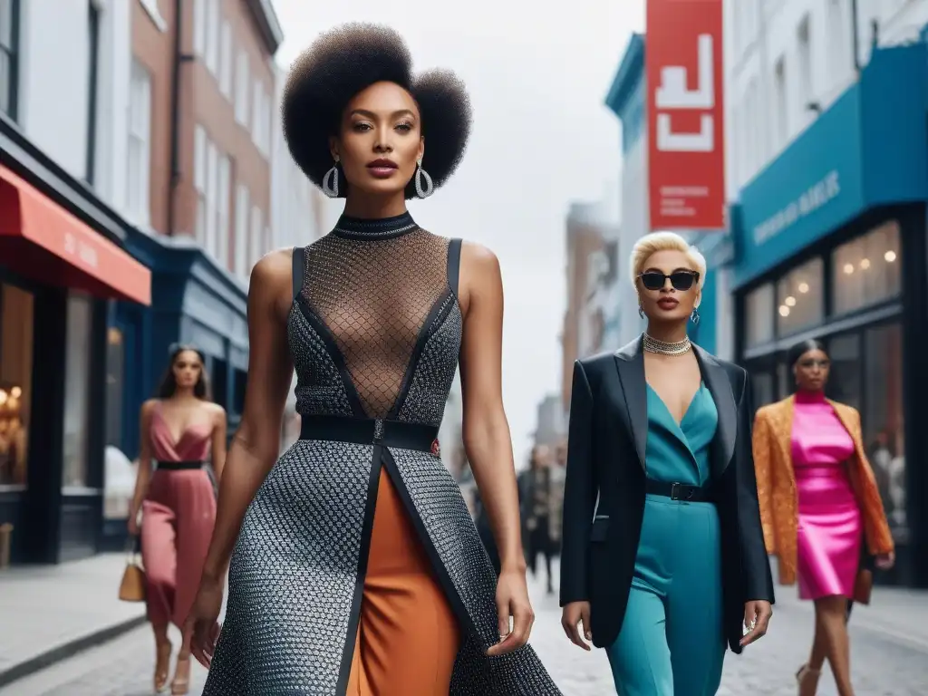 Moda inclusiva: diversidad y estilo en la ciudad Un grupo vibrante y diverso de personas de distintas edades, géneros y habilidades, vestidas con estilo moda inclusiva, caminando con confianza por una concurrida calle de la ciudad