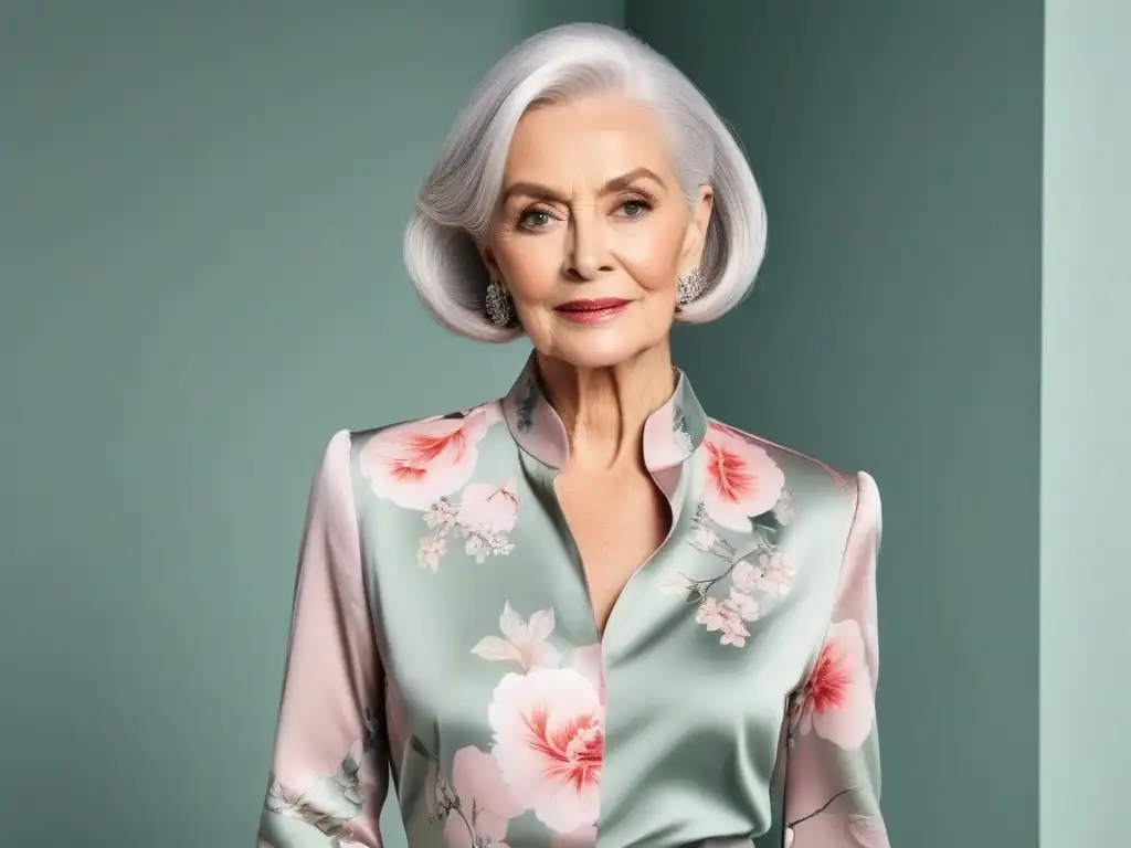 Estilo atemporal: mujer mayor elegante con blusa floral y fondo geométrico Guía estampados texturas vestuario senior: Mujer mayor elegante con blusa floral, fondo geométrico moderno