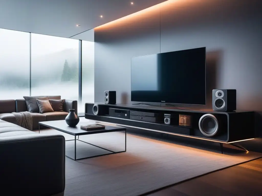 Sistema de entretenimiento de lujo en sala moderna Guía sistemas sonido última generación: Salón futurista con equipo de sonido integrado y diseño minimalista