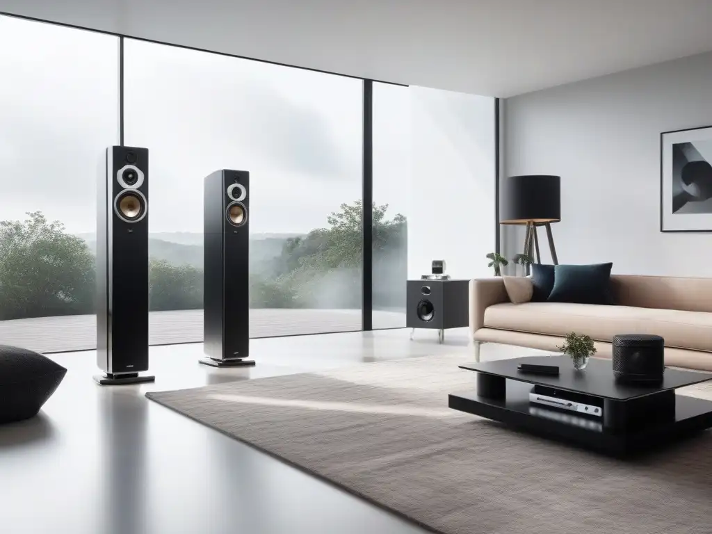 Audio de lujo: sistema de sonido futurista en sala minimalista Guía sistemas sonido última generación: Sala minimalista con equipo de audio futurista y elegante en cromo