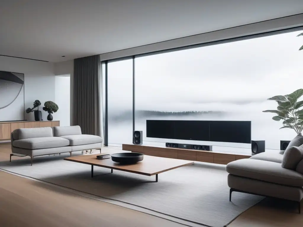 Sonido de lujo: sistema futurista integrado en sala minimalista Guía sistemas sonido última generación: Sala moderna con equipo de audio futurista y elegante, iluminación ambiental