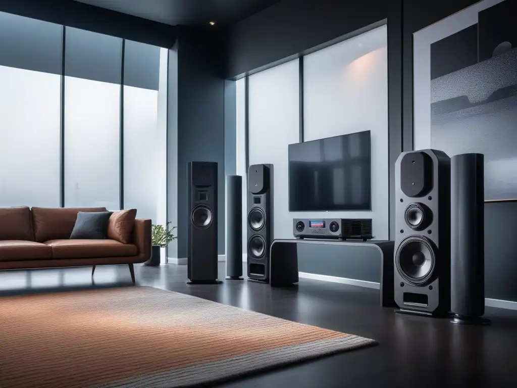Setup de sonido de alta gama en sala minimalista Guía sistemas sonido última generación: Sistema de sonido de alta gama en ambiente moderno y elegante
