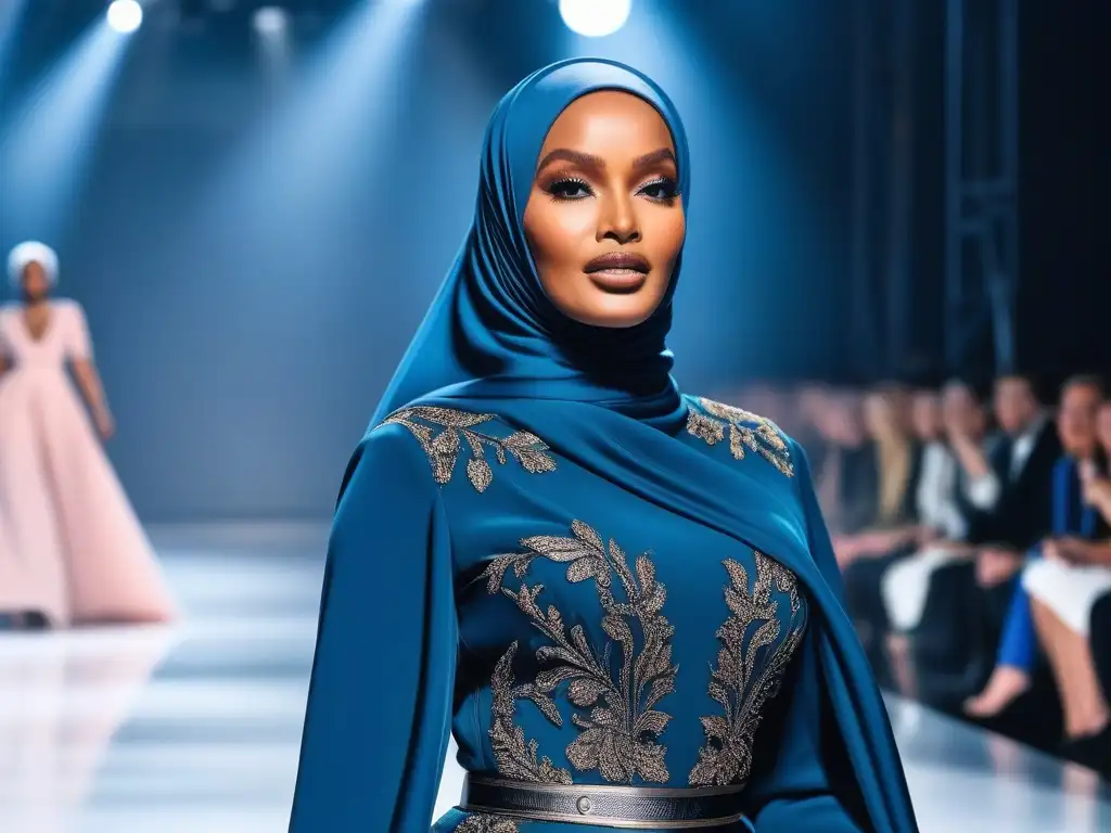 Empoderamiento en la pasarela: Halima Aden deslumbrante en haute couture Halima Aden desfila con confianza en pasarelas, su hijab ondea elegantemente