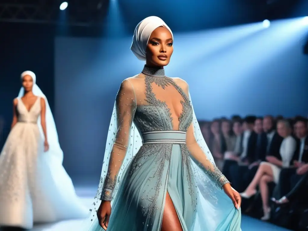 Desfile de moda histórico: Halima Aden deslumbra con su hijab Halima Aden desfila con elegancia su hijab en una pasarela, cautivando a una audiencia diversa en un momento histórico de la moda