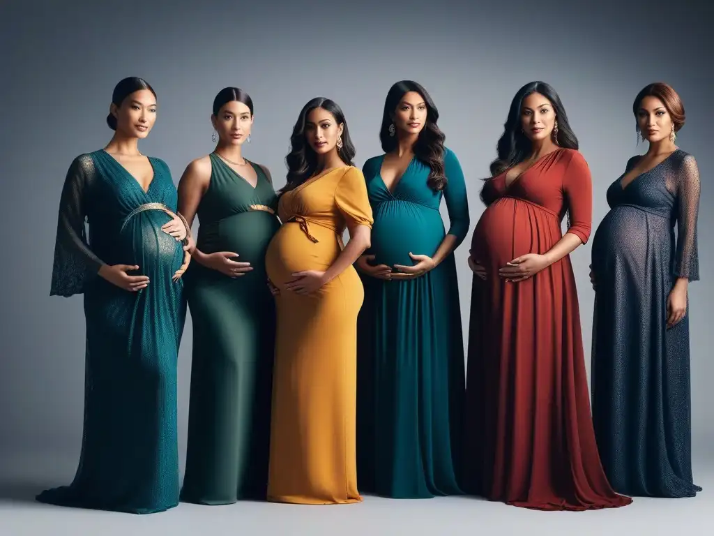 Moda embarazada: diversidad de estilos y tallas Una hermosa imagen de mujeres embarazadas de diferentes tallas y estilos luciendo blusas de maternidad, transmitiendo confianza y diversidad