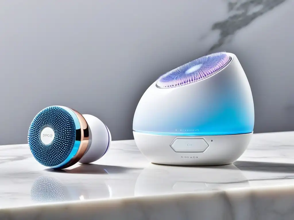 Comparación de dispositivos de limpieza facial: FOREO vs Clarisonic Herramientas de belleza alta gama: dos dispositivos de limpieza facial de lujo, FOREO y Clarisonic, sobre una encimera de mármol, resaltados bajo una luz suave y profesional