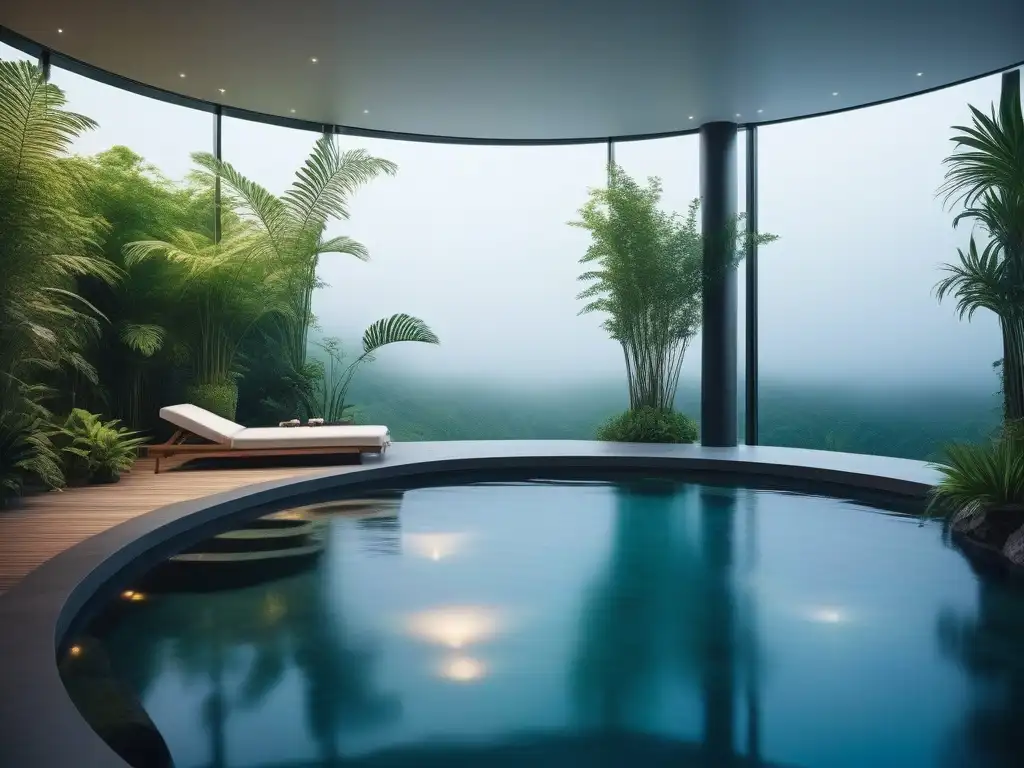 Exclusivo spa con piscina hidroterapéutica y terapeuta Hidroterapias exclusivas para rejuvenecer: Imagen detallada de un lujoso spa con piscina rodeada de vegetación y luz ambiental