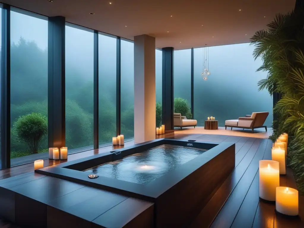 Spa de lujo con moderna bañera de hidroterapia y velas Hidroterapias exclusivas para rejuvenecer en un lujoso spa con ambiente sereno y elegante