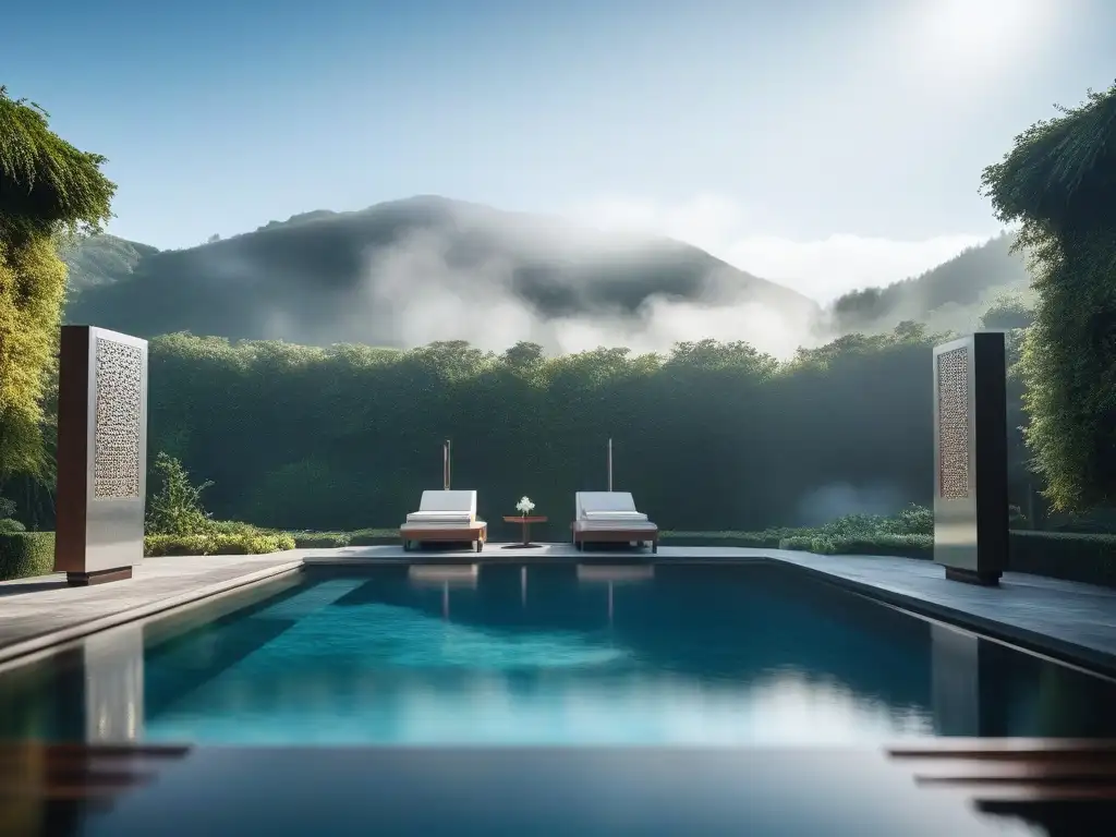 Spa de lujo con piscina de hidroterapia y vegetación exuberante Hidroterapias exclusivas para rejuvenecer en un lujoso spa con piscina de hidroterapia rodeada de vegetación exuberante y detalles de mármol elegantes