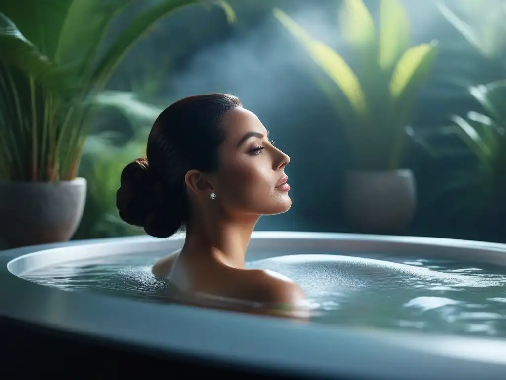 Exclusivo spa con lujosa terapia de hidroterapia Hidroterapias exclusivas para rejuvenecer: lujoso spa con moderna tina de hidroterapia rodeada de plantas verdes y luz suave