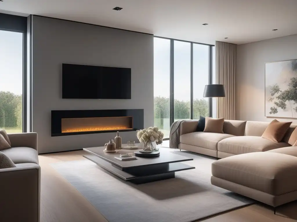 Sala de estar de lujo con tecnología inteligente y moderna Un hogar de alta gama: sala elegante con tecnología integrada y lujoso mobiliario