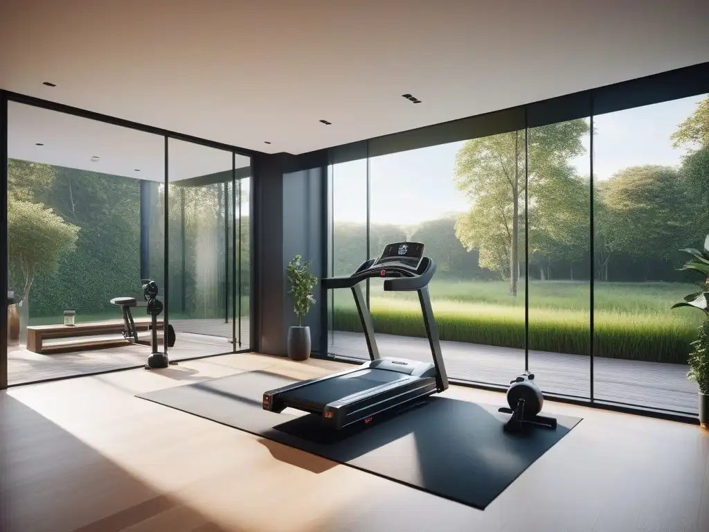 Gimnasio de lujo con equipo de fitness moderno y motivador Hogar gimnasio moderno con equipamiento de lujo y motivadoras citas fitness, vista a jardín verde
