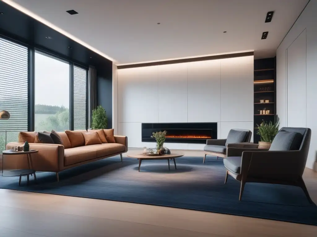 Salón inteligente de alta tecnología: clima y diseño en perfecta armonía Un hogar inteligente de lujo con climatización integrada para hogares exclusivos