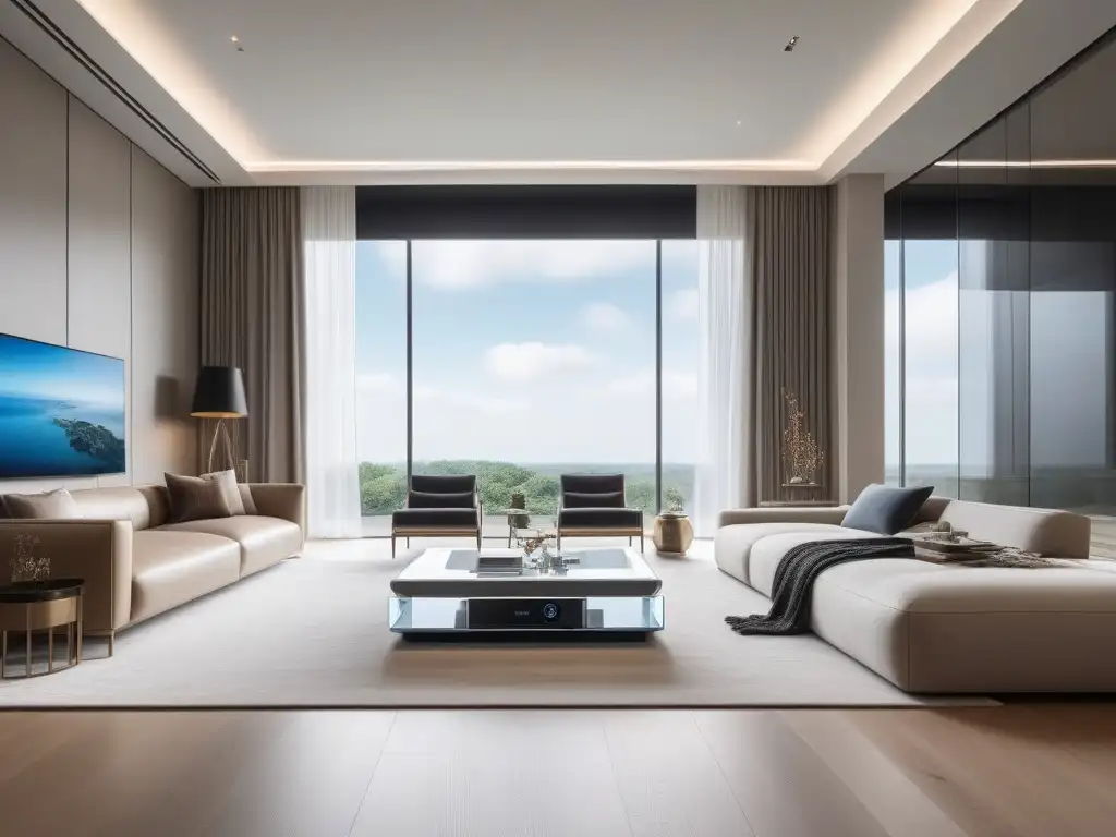 Decoración de hogar de lujo con gadgets tecnológicos integrados en un ambiente futurista y elegante