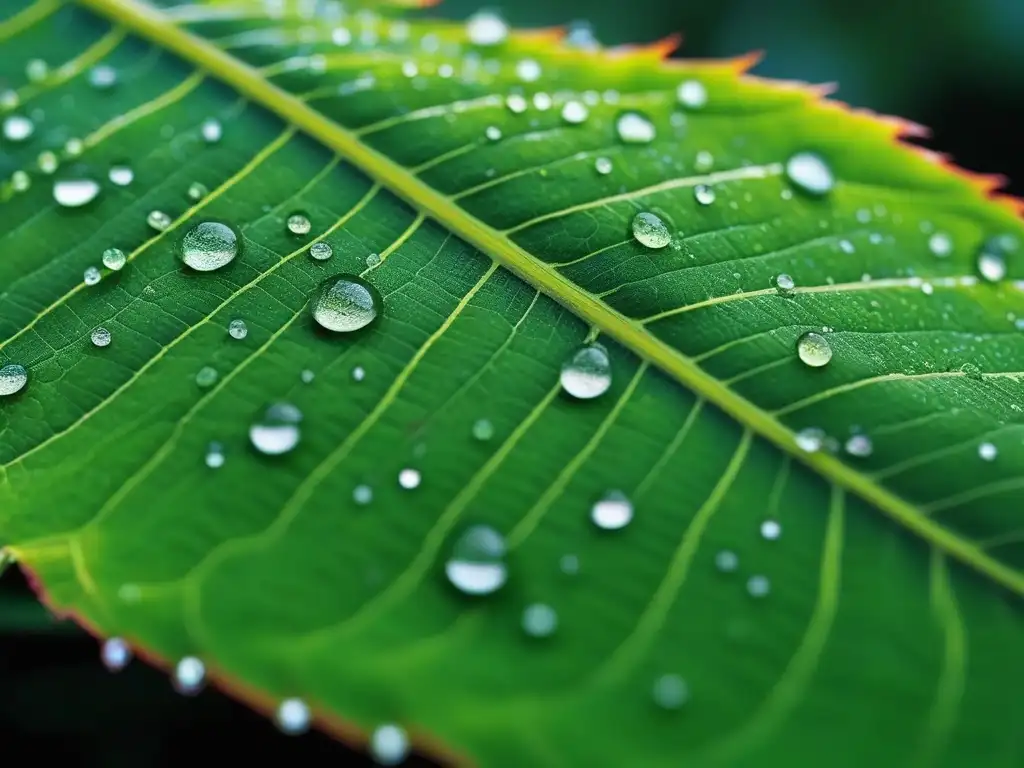 Hoja verde vibrante con gotas de rocío: naturaleza y sostenibilidad Una hoja verde vibrante con patrones intrincados y gotas de rocío, simbolizando la moda sostenible certificaciones consumo consciente