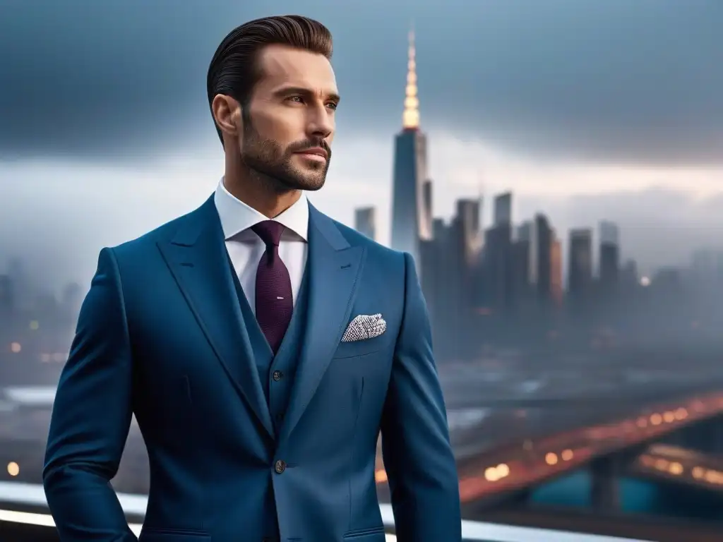 Traje a medida para hombres altos: elegancia y sofisticación en la ciudad Un hombre alto y elegante con traje a medida, en una ciudad bulliciosa