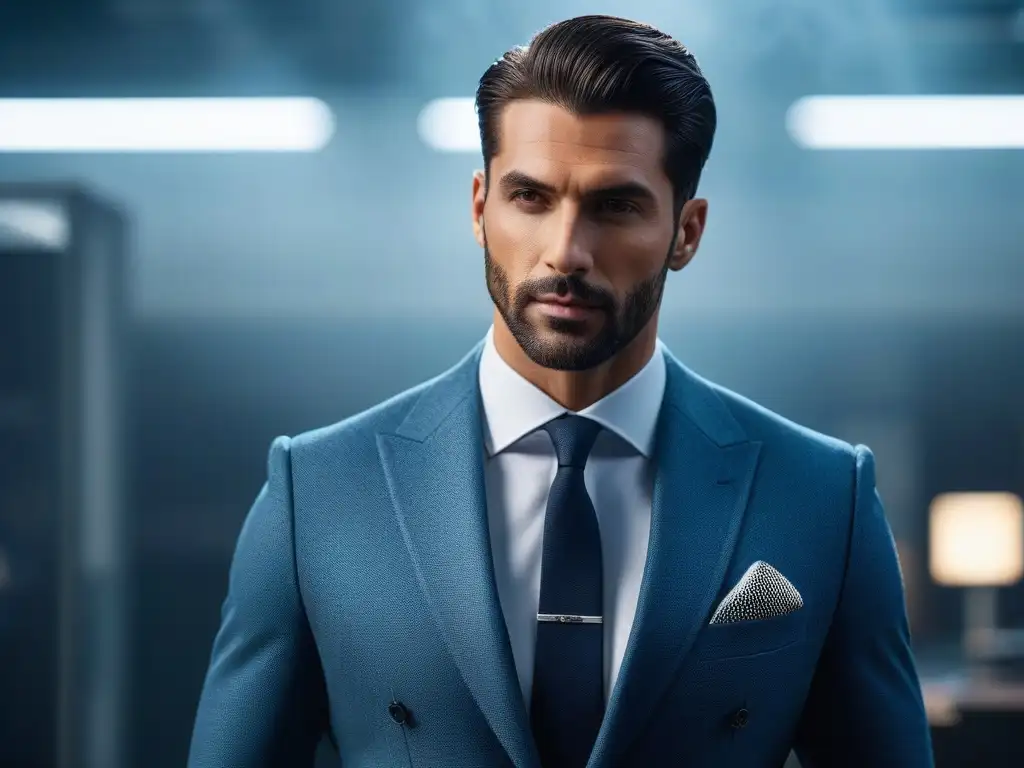 Traje a medida: elegancia y confianza en alta resolución Un hombre alto y elegante viste un traje a medida, resaltando la ropa ajustable para altos en un entorno de oficina moderno y sofisticado