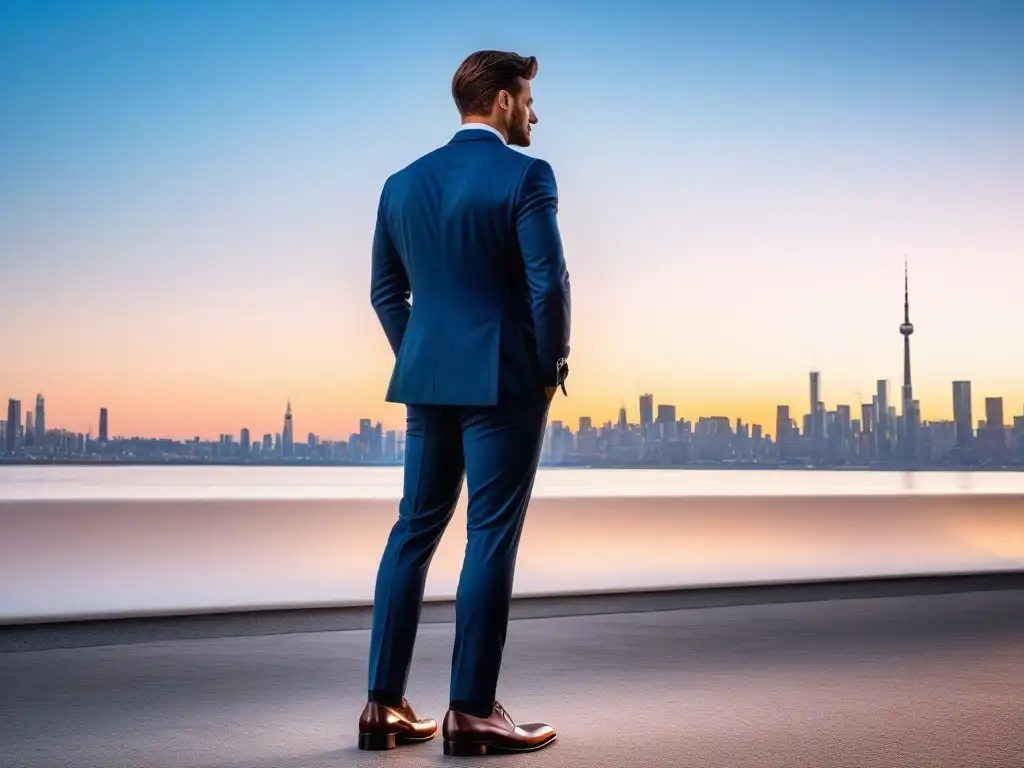 Elegancia urbana: look profesional para hombres altos Un hombre alto y elegante en traje mirando la ciudad al atardecer