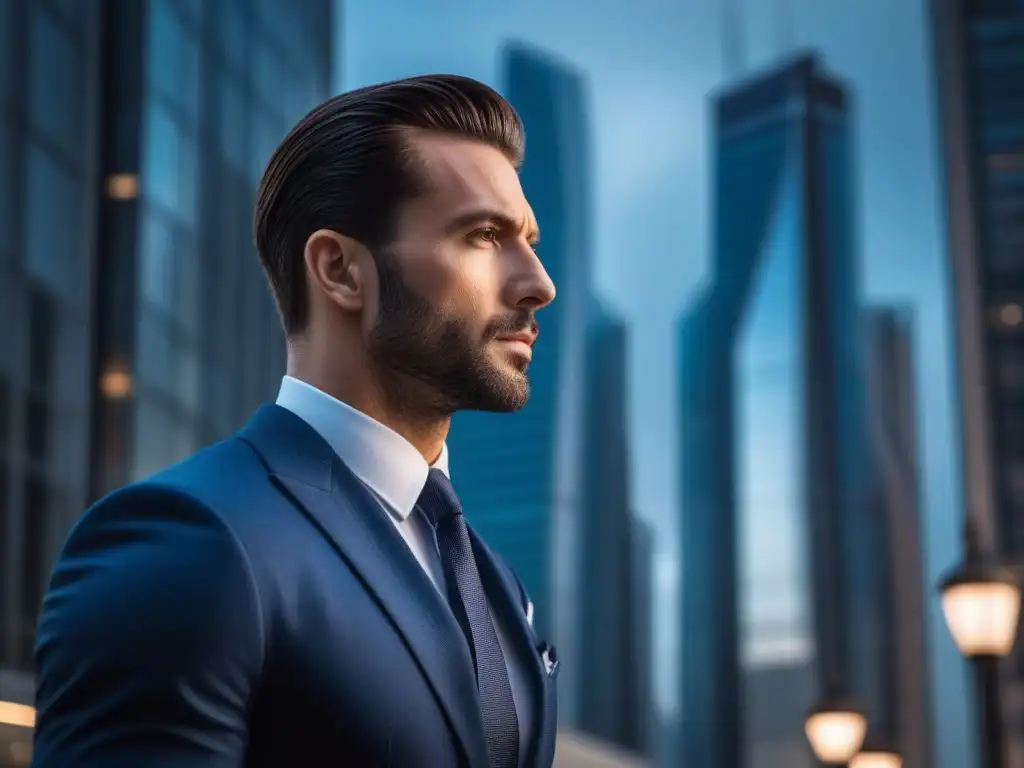 Estilo y confianza en la ciudad: hombre elegante en traje de diseño Un hombre alto y elegante en un traje a medida destaca en un entorno urbano moderno, transmitiendo confianza y estilo