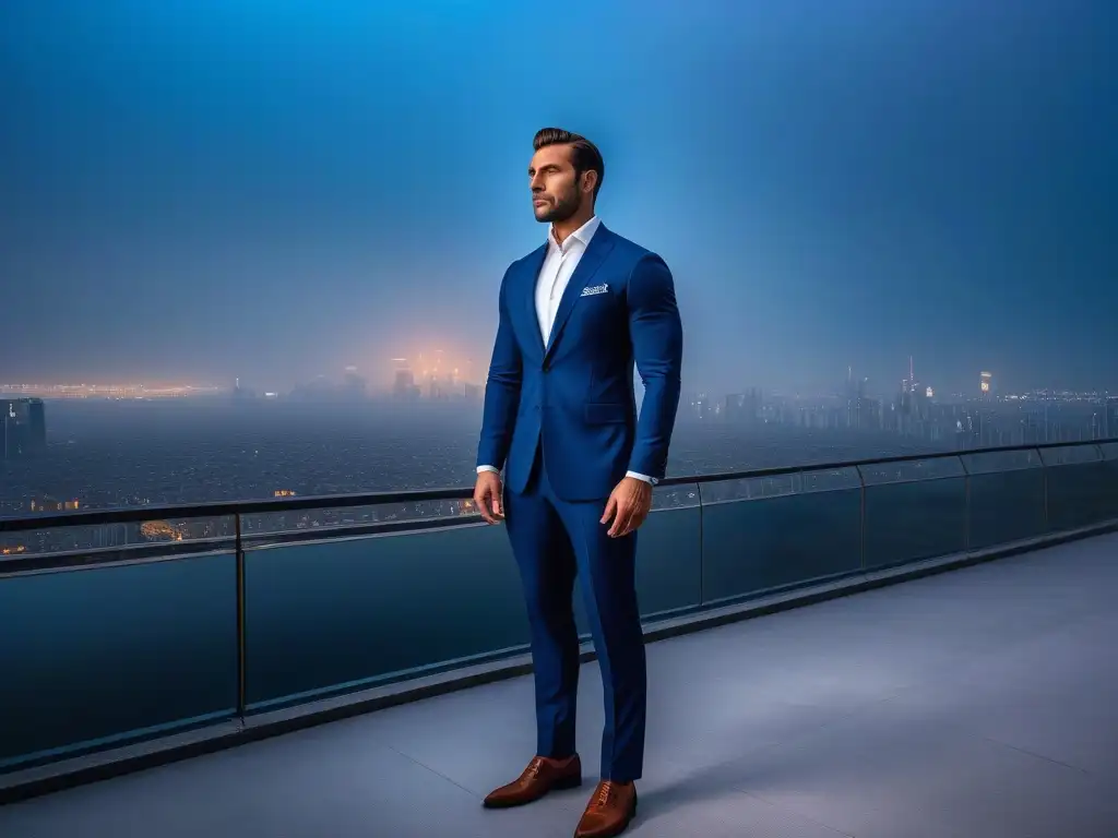 Empresario poderoso en la ciudad al atardecer Un hombre alto y elegante en traje azul marino de pie frente a la ciudad al atardecer