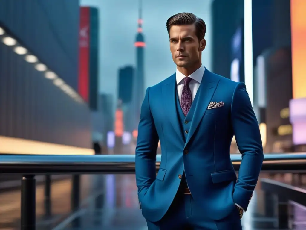 Imagen de hombre elegante y seguro en entorno urbano sofisticado Un hombre alto y elegante en un traje moderno destacando en un entorno urbano sofisticado