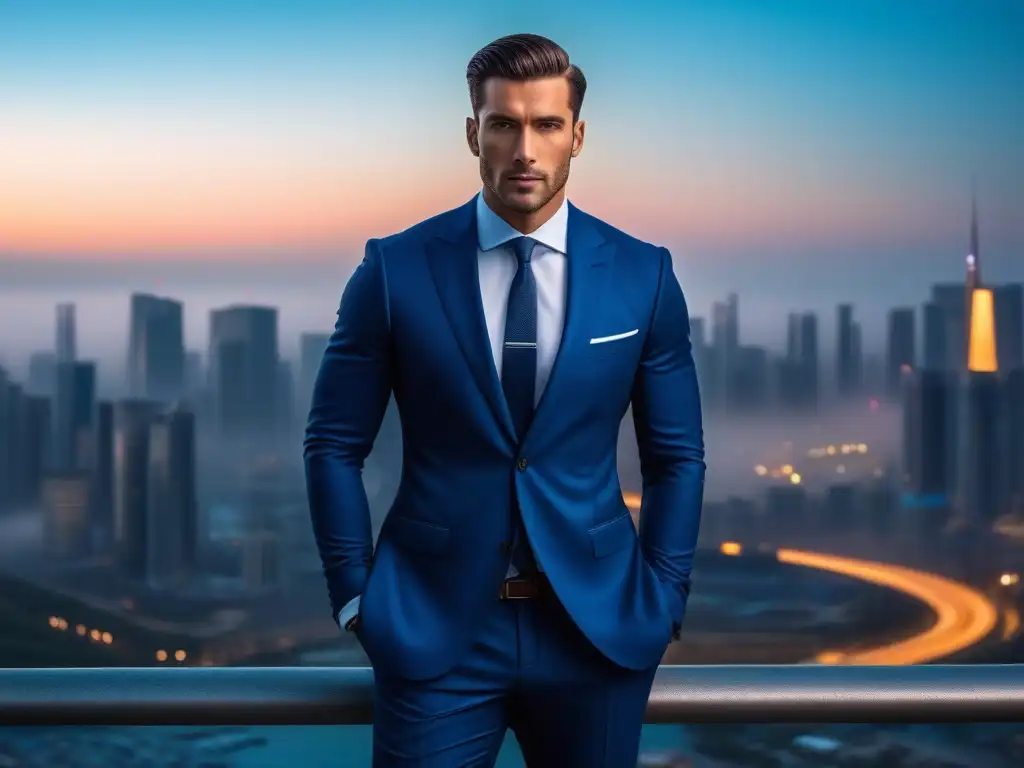 Estilo impecable para hombres altos: confianza en la ciudad al anochecer Hombre alto vistiendo un elegante traje, con la ciudad al atardecer de fondo