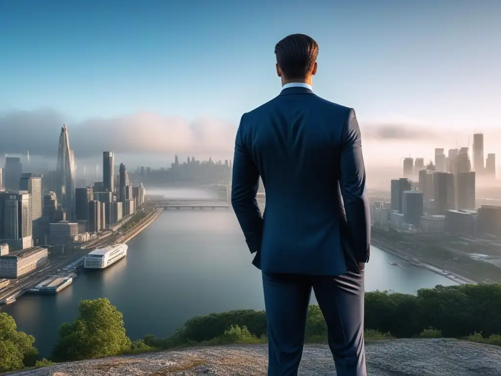 Hombre alto en traje elegante frente a la ciudad Hombre alto en traje elegante con fondo de ciudad, destacando su estatura y estilo profesional