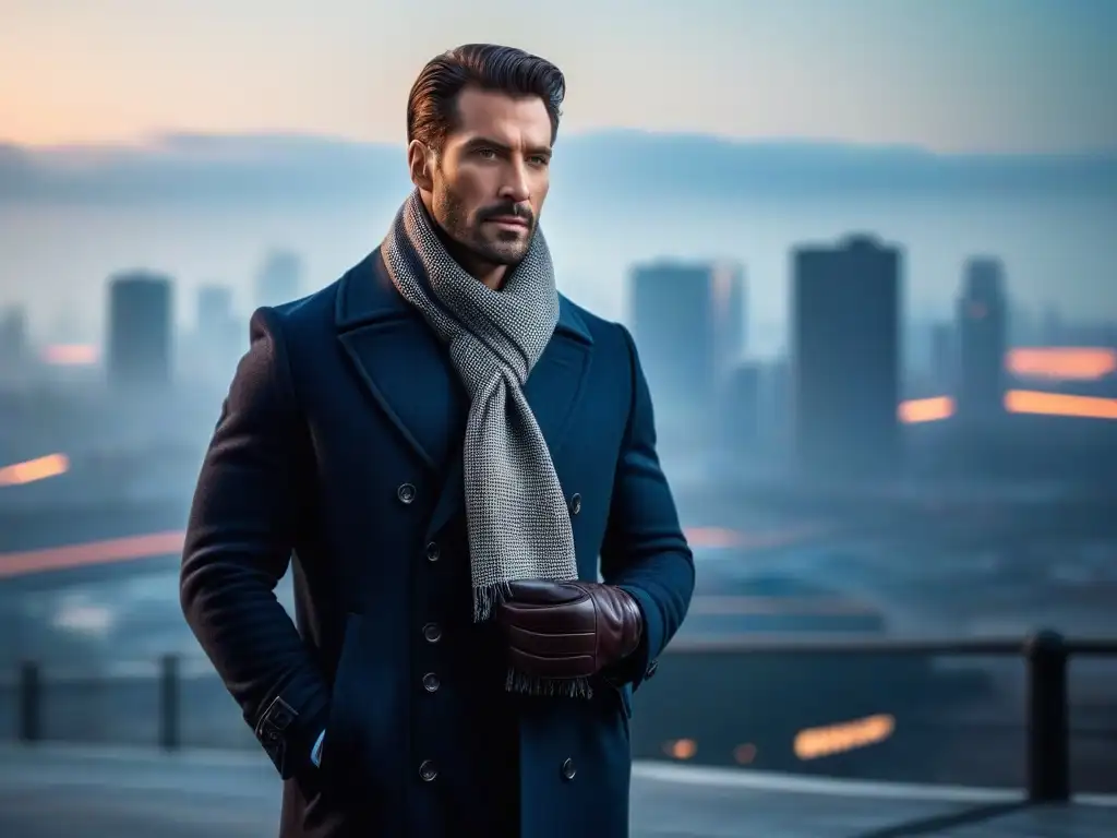 Elegante hombre alto con abrigo y estilo urbano al atardecer Un hombre elegante y alto destaca con su abrigo, bufanda y guantes de cuero, frente a la ciudad al atardecer