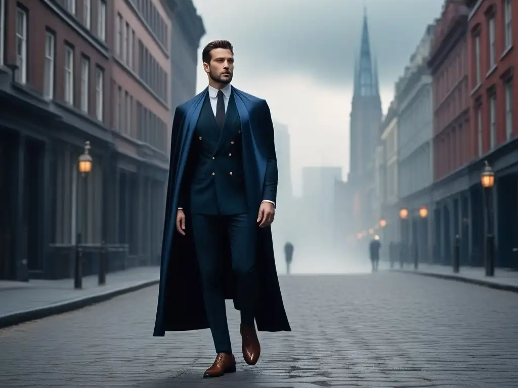 Estilo y sofisticación: hombre alto con capa moderna en la ciudad Un hombre elegante y alto camina con confianza por una calle de la ciudad, vistiendo una capa moderna que ondea detrás de él