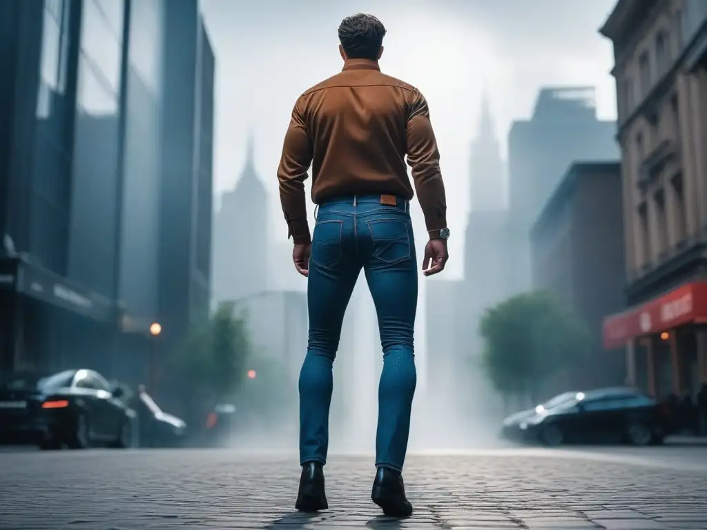 Jeans de marca en un escenario urbano de estilo y sofisticación Un hombre elegante camina con confianza por la ciudad luciendo los mejores jeans altos de marca