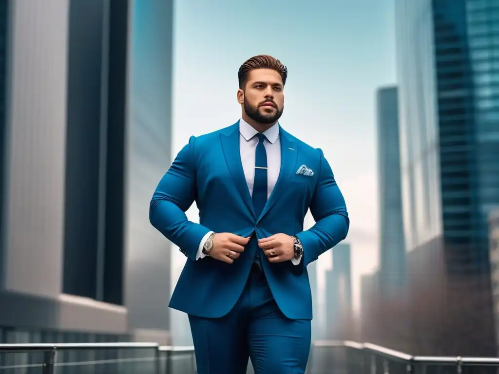 Moda plus size: hombre elegante y seguro en traje moderno Un hombre plus size elegante y seguro, vistiendo un traje bien ajustado en la ciudad