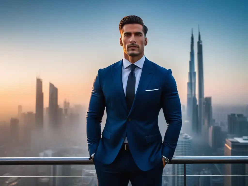Elegante hombre alto en traje frente al atardecer urbano Hombre elegante en traje frente al atardecer urbano