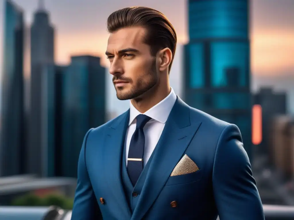 Elegante hombre alto en traje frente a la ciudad al atardecer Un hombre elegante en traje frente a la ciudad al atardecer