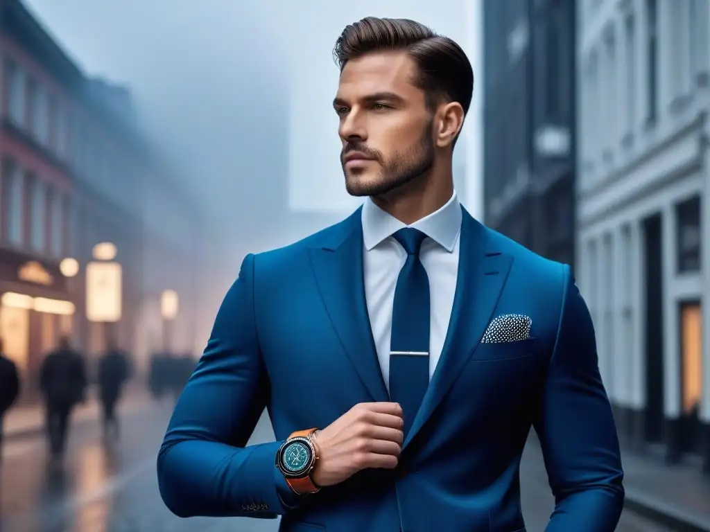Smartwatch de lujo: fusión de moda y tecnología Un hombre elegante viste un traje con un smartwatch integrado, en un entorno urbano futurista