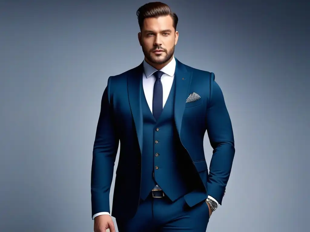 Elegante embarazo plus size: estilo y confianza en traje a medida Un hombre embarazado de talla grande con estilo y confianza en un traje a medida, mostrando un look profesional y moderno