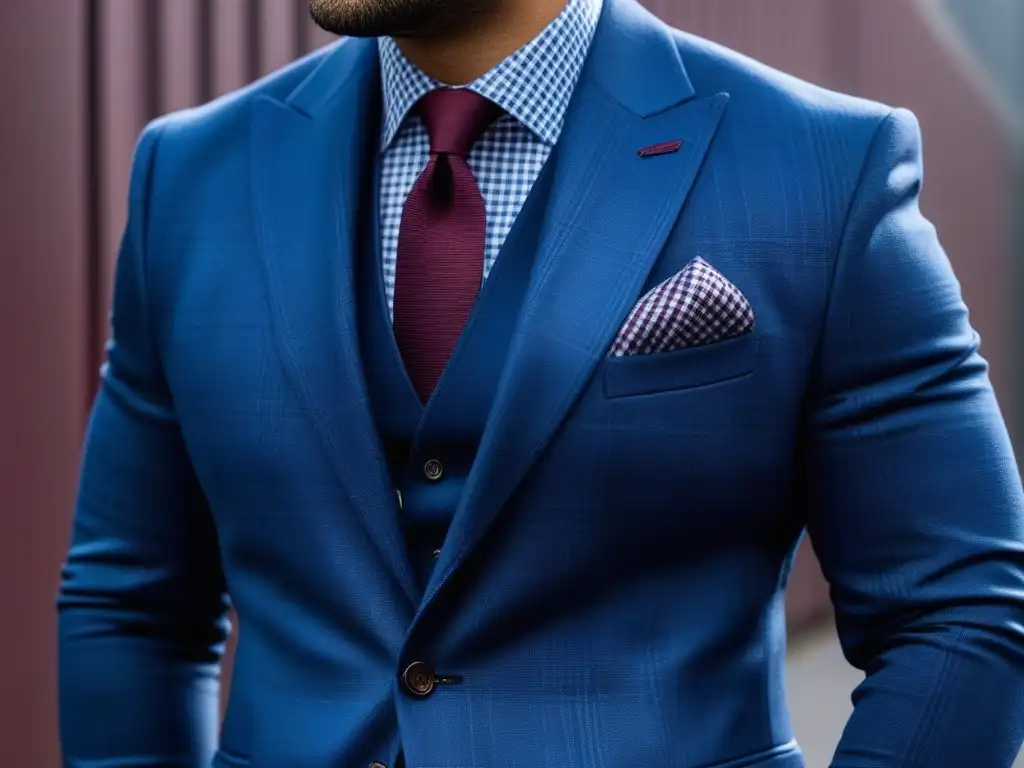 Elegante outfit de hombre plus size en tonos azules, grises y burdeos Un hombre de moda plus size luce con confianza una combinación de colores en moda masculina