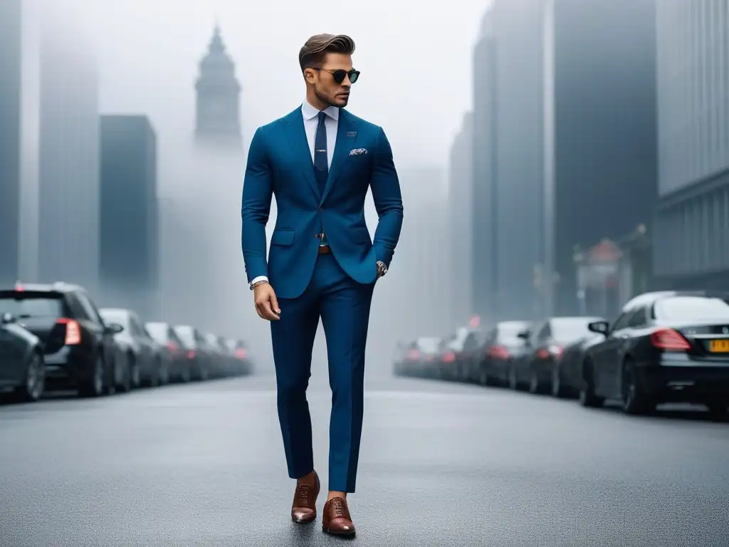 Elegante hombre de moda en ciudad moderna Un hombre pequeño con estilo y confianza, viste un traje a medida en un entorno urbano moderno