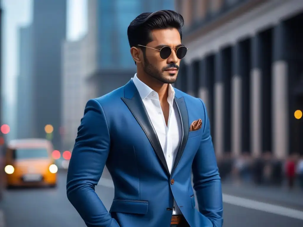 Estilo urbano: hombre elegante con reloj de cuero y accesorios modernos Un hombre petite elegante en traje con accesorios de estilo, destacando en un entorno urbano moderno