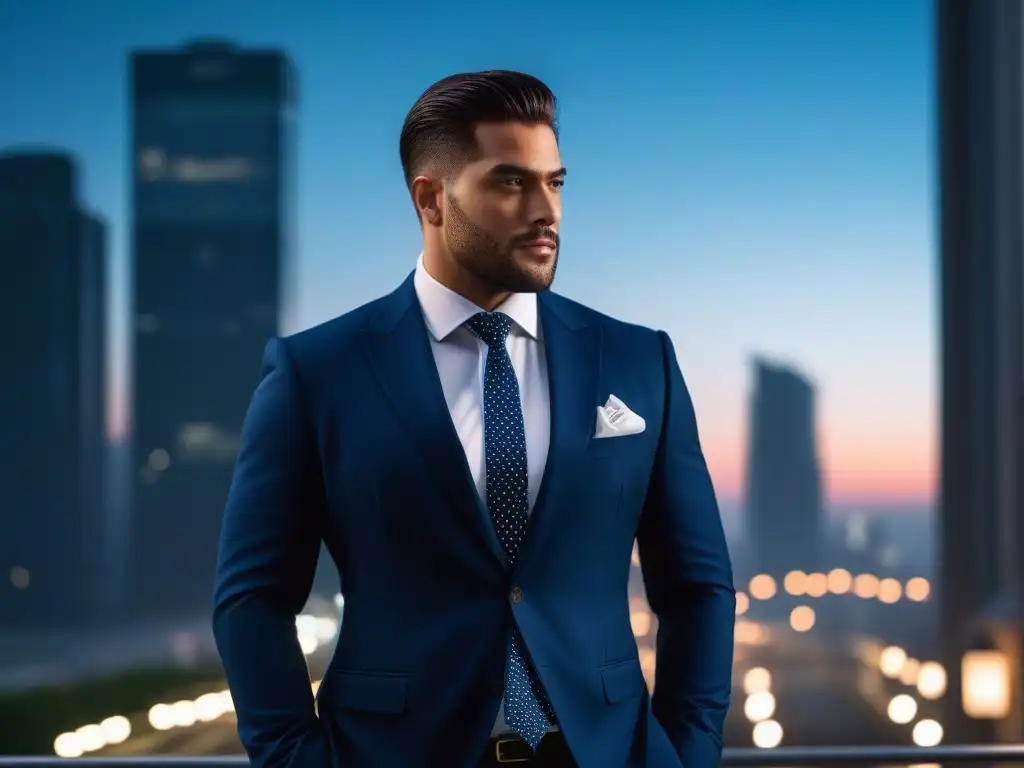 Elegante hombre plus size en traje azul marino, deslumbrando en la ciudad al atardecer 'Un hombre plus size confiado en un elegante traje azul marino, en una ciudad al atardecer
