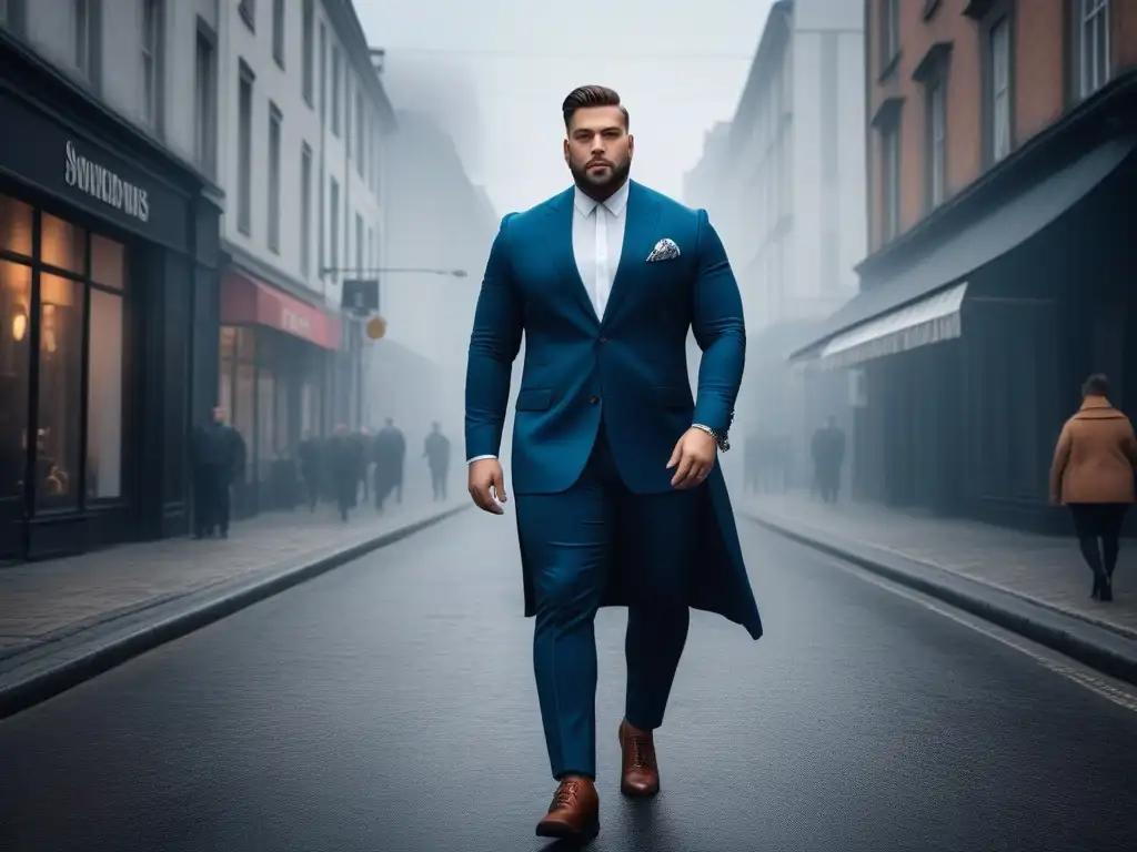 Hombre plus size elegante y seguro en la ciudad Un hombre plus size seguro de sí mismo en un elegante traje, caminando por la ciudad