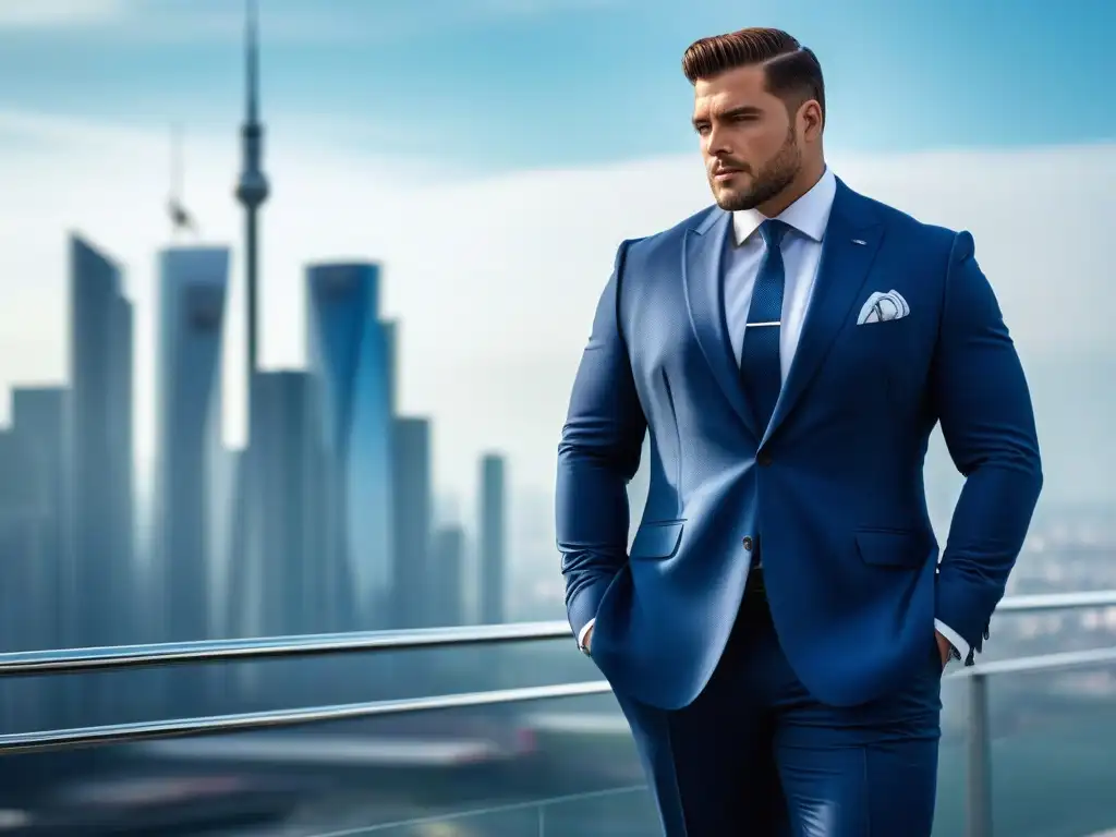 Estilo y confianza: Hombre de talla grande en traje frente a la ciudad Un hombre plus size seguro de sí mismo en un traje elegante frente a un horizonte urbano moderno