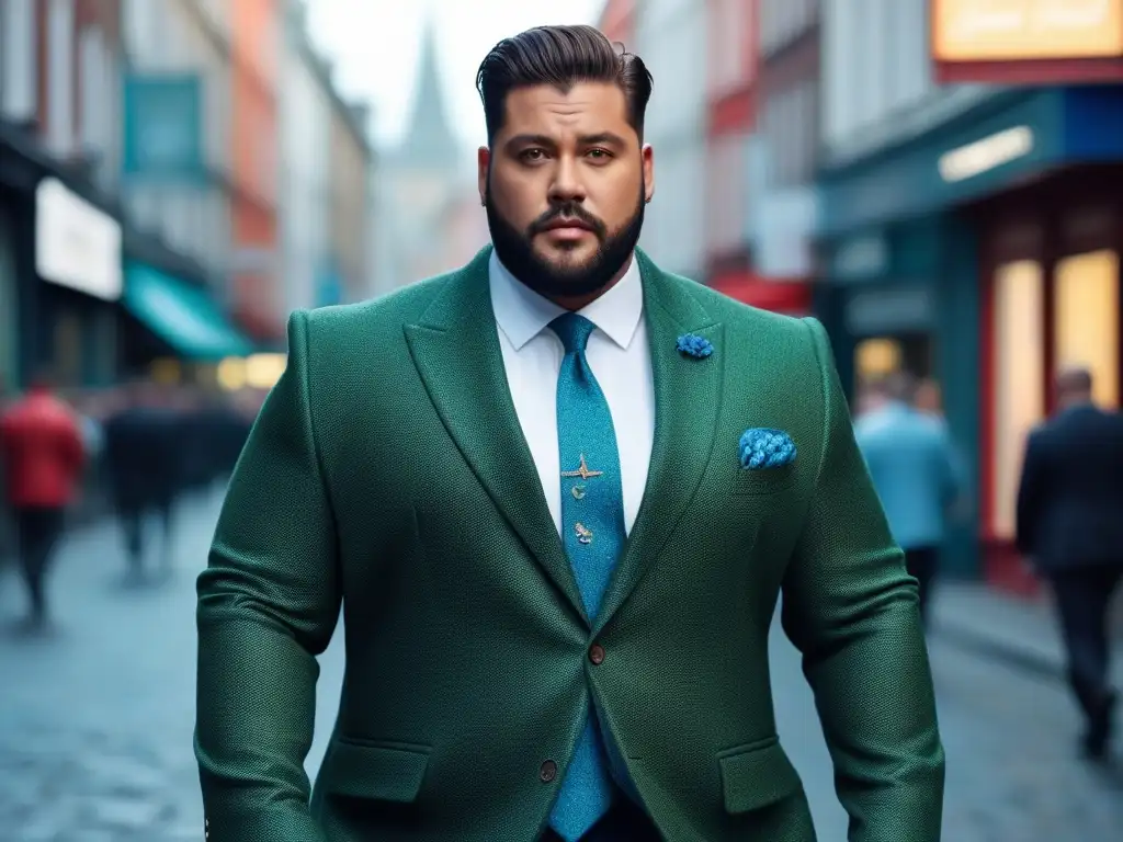 Modelo plussize de moda urbana: empoderamiento y estilo vanguardista Un hombre de talla grande deslumbrante, vistiendo un moderno traje con colores vibrantes, camina con confianza en la ciudad