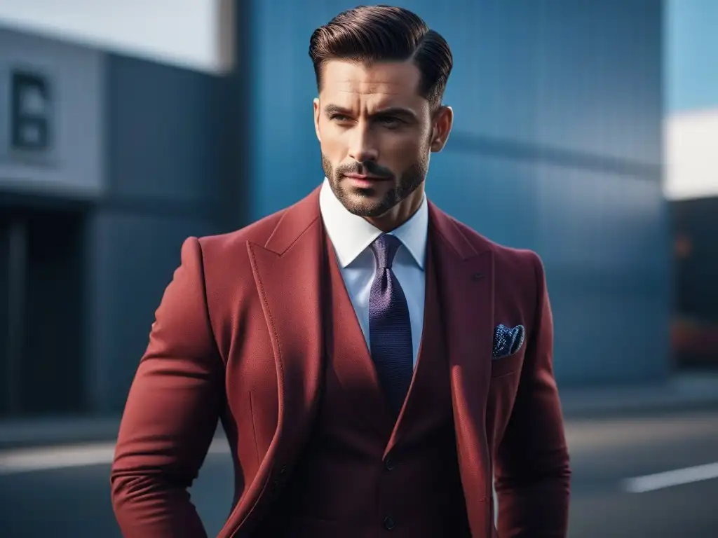 Elegante hombre de gran porte en traje moderno Un hombre de talla grande, elegante y seguro, viste un traje moderno y a la moda en un entorno urbano minimalista